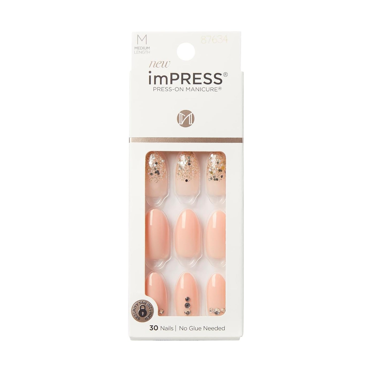 Impress No Glue Press-On Nails Natural Color, Rhinestone Accents, Includes 30 Nails, Prep Pad, 1 Manicure Stick, 1 Mini File - Beloved