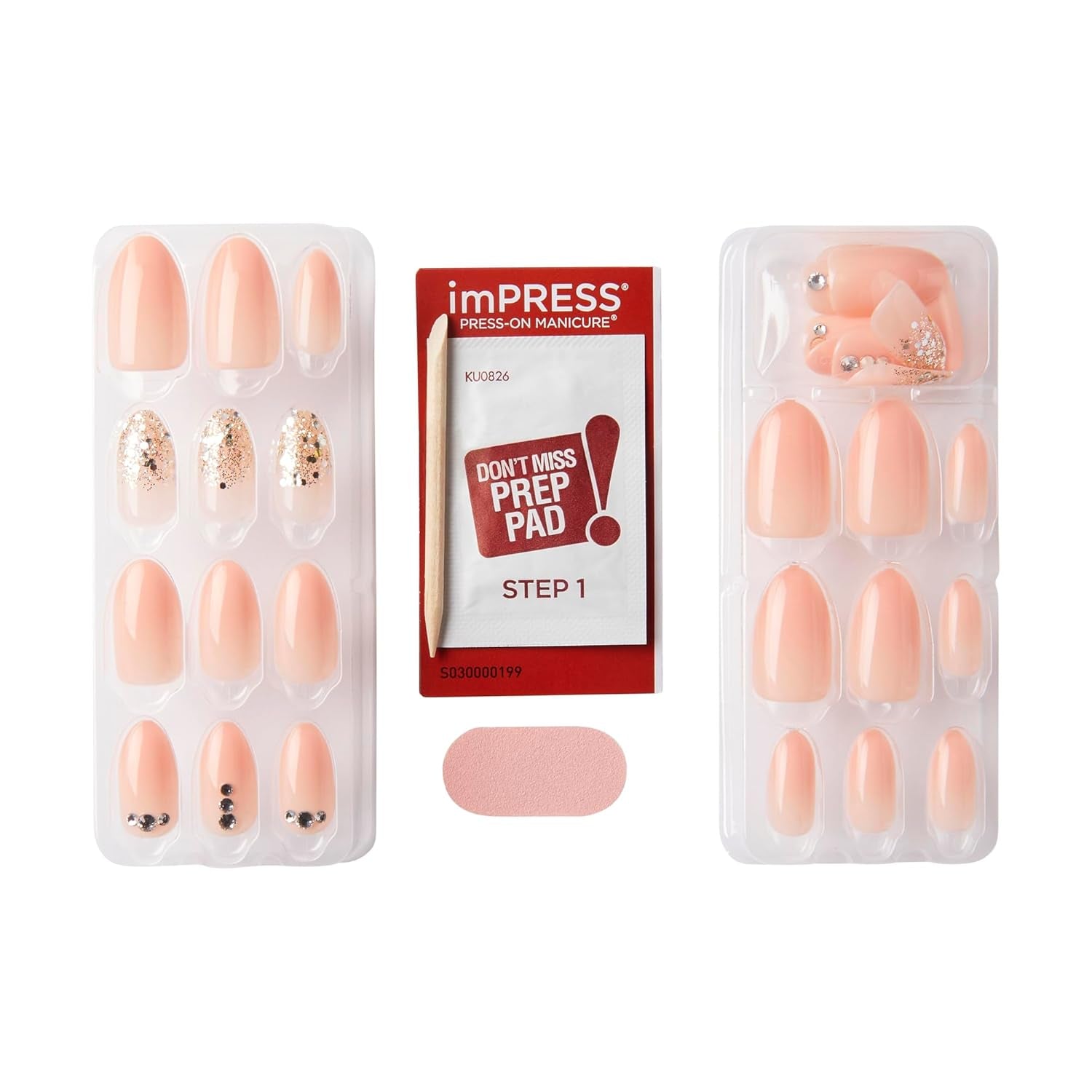 Impress No Glue Press-On Nails Natural Color, Rhinestone Accents, Includes 30 Nails, Prep Pad, 1 Manicure Stick, 1 Mini File - Beloved